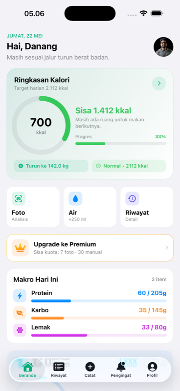 Aplikasi CalFit — Beranda dengan ringkasan kalori dan makro harian